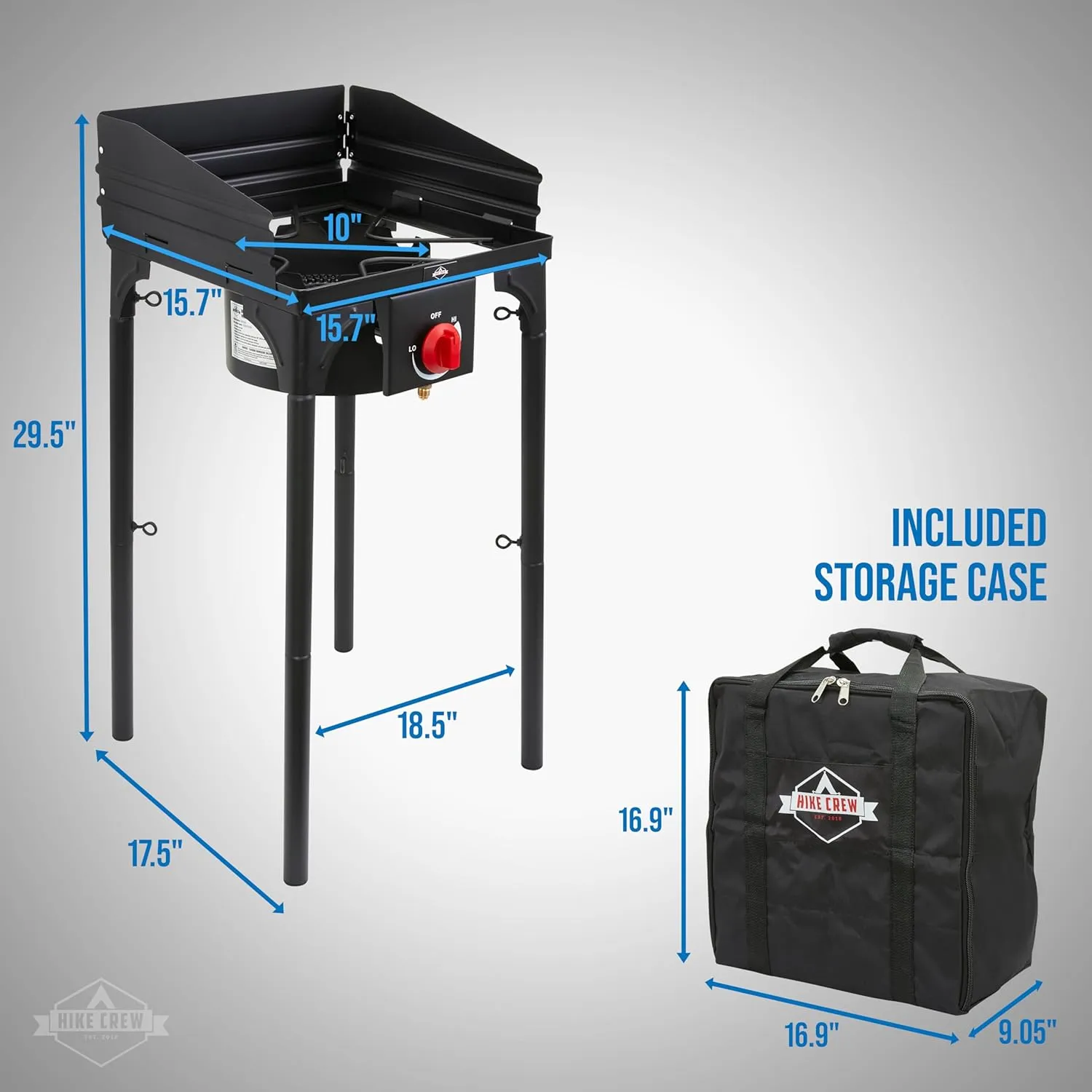 Hike Crew Cast Iron 1-Burner Outdoor Gas Stove | 75,000 BTU Portable Propane-Powered Cooktop w/Blue Flame Control, Removable Legs, Temperature Setting Knobs | Wind Panel, Hose Regulator & Storage Bag
