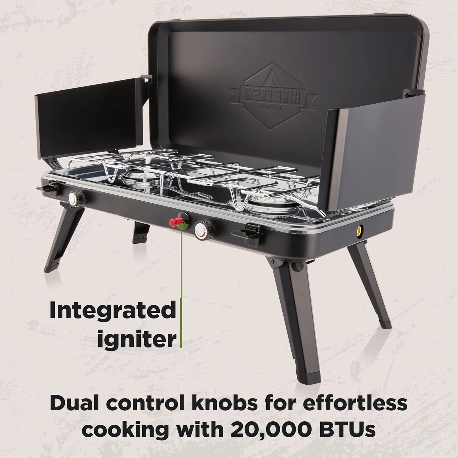 Hike Crew Gas Camping Stove | 20,000 BTU 2 Burner Propane Portable Stovetop | Foldable Legs | Integrated Igniter & Included Regulator | Wind Panels & Built-in Carrying Handle