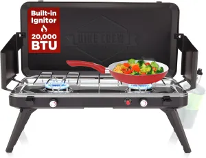 Hike Crew Gas Camping Stove | 20,000 BTU 2 Burner Propane Portable Stovetop | Foldable Legs | Integrated Igniter & Included Regulator | Wind Panels & Built-in Carrying Handle