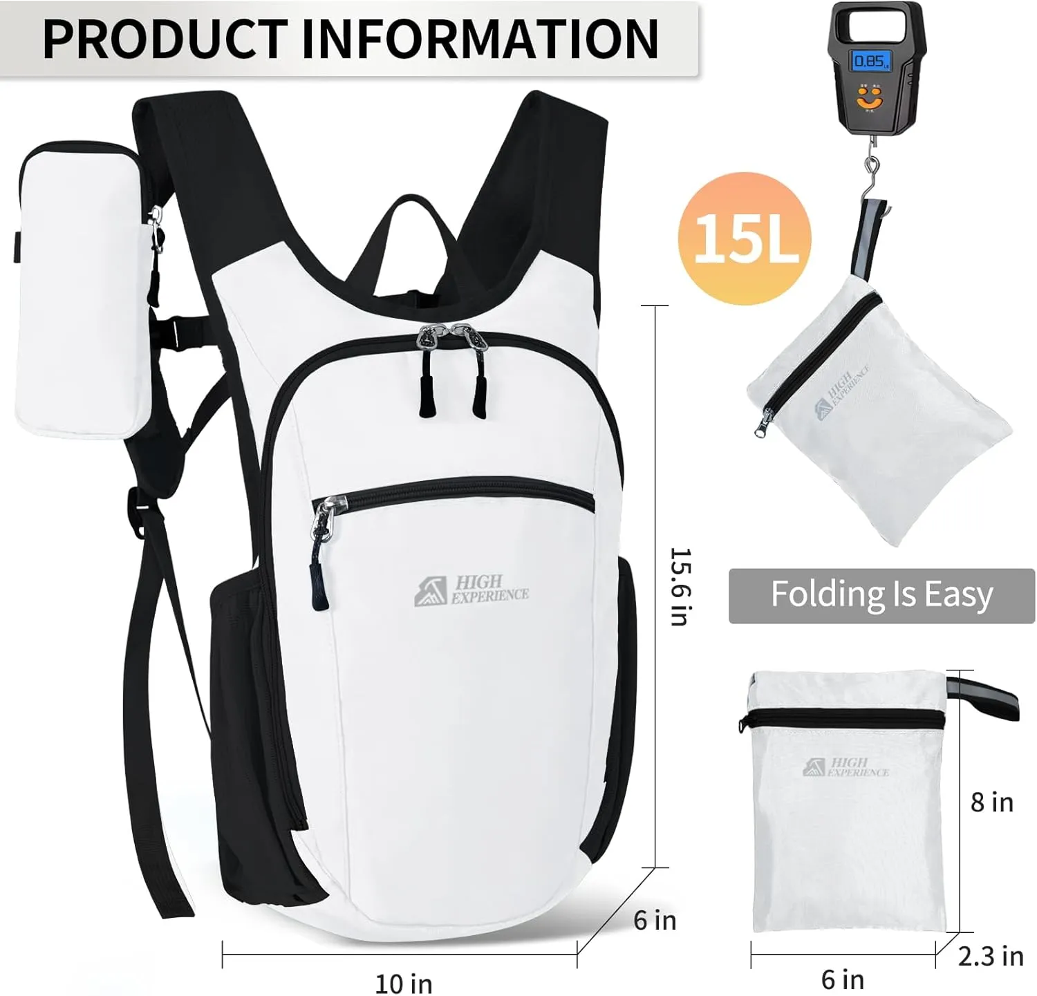 Hiking Backpack 10L/15L Small Daypack Lightweight Packable Travel Foldable Water Resistan for Women Men (White, 15L)