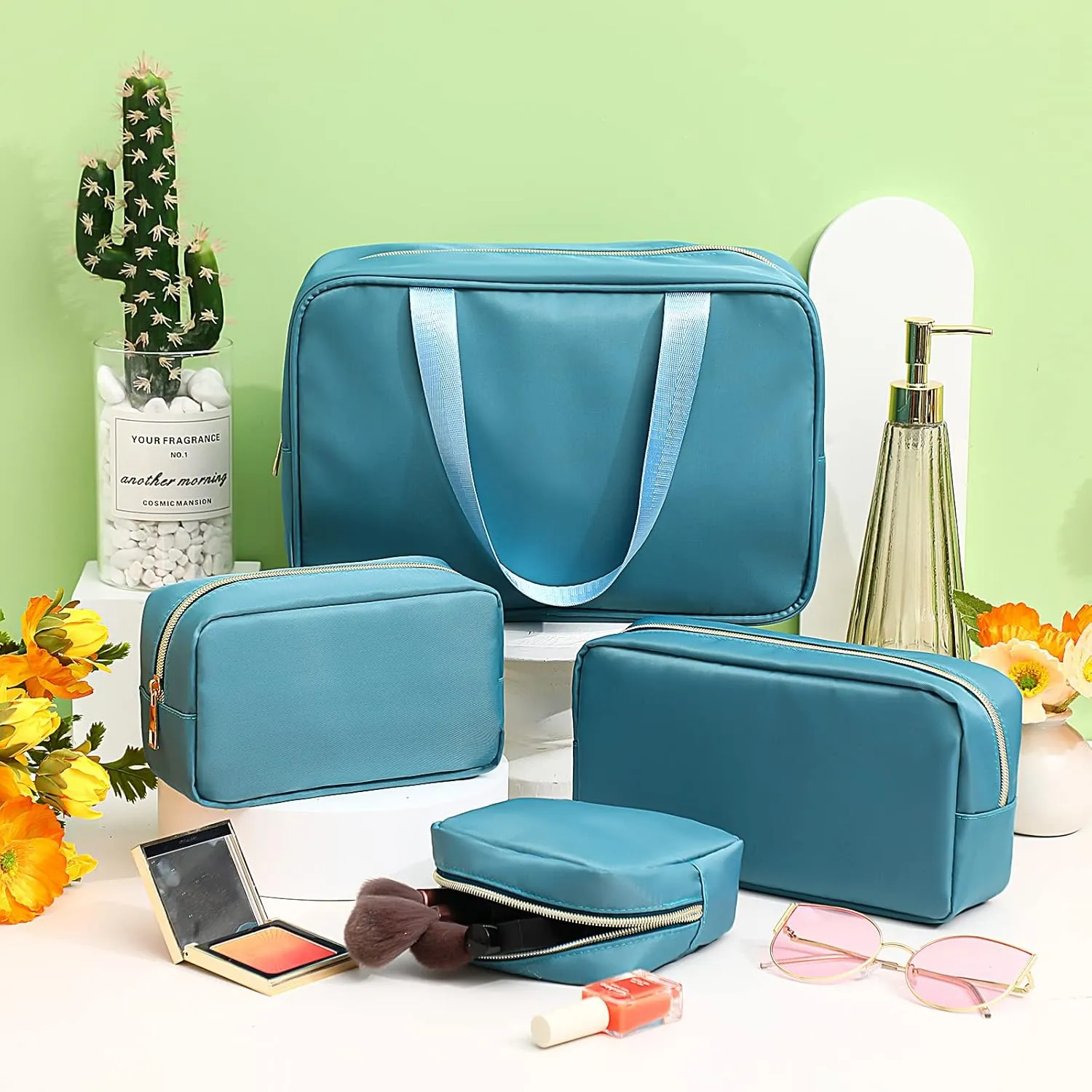 Hillban 4 Pieces Travel Nylon Makeup Bag Set Preppy Cosmetic Bag Nylon Cosmetic Zipper Pouches Travel Toiletry Bag for Women for Toiletries Essentials Accessories, 4 Sizes(Blue)
