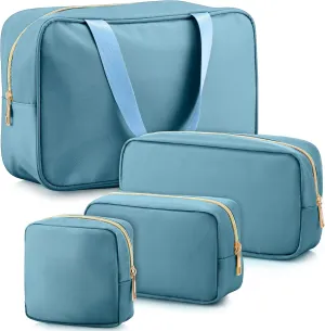Hillban 4 Pieces Travel Nylon Makeup Bag Set Preppy Cosmetic Bag Nylon Cosmetic Zipper Pouches Travel Toiletry Bag for Women for Toiletries Essentials Accessories, 4 Sizes(Blue)