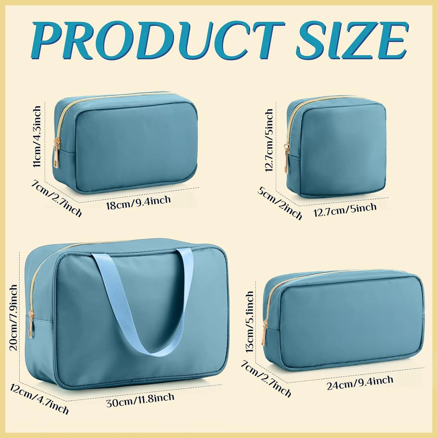 Hillban 4 Pieces Travel Nylon Makeup Bag Set Preppy Cosmetic Bag Nylon Cosmetic Zipper Pouches Travel Toiletry Bag for Women for Toiletries Essentials Accessories, 4 Sizes(Blue)