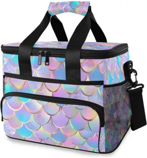 Holographic Mermaid Pink Scales Cooler Bag Insulated Cooler Soft Sided Cooler 24 Can Portable Picnic Bag Large Leakproof Lunch Bag Box for Beach Grocery Camping Travel Car Men Women