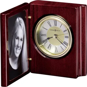 Howard Miller Portrait Book Tabletop Clock - Battery Operated Desk Clock for Living Room, Bedroom, Office Decor - Wooden Finish, Vintage Shelf Decor with Roman Numerals and Personalized Photo Frame