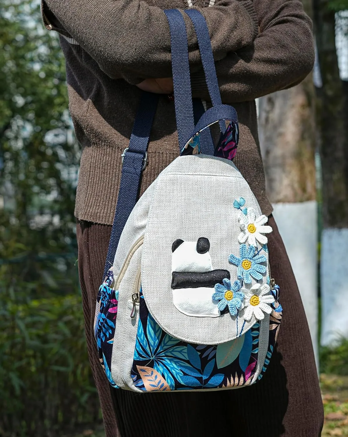HUANGGUOSHU Women Cotton Woven Hippie Hemp Boho Canvas Embroidery Multi Pocket Retro Cute Backpack Wallet Backpack Kitty