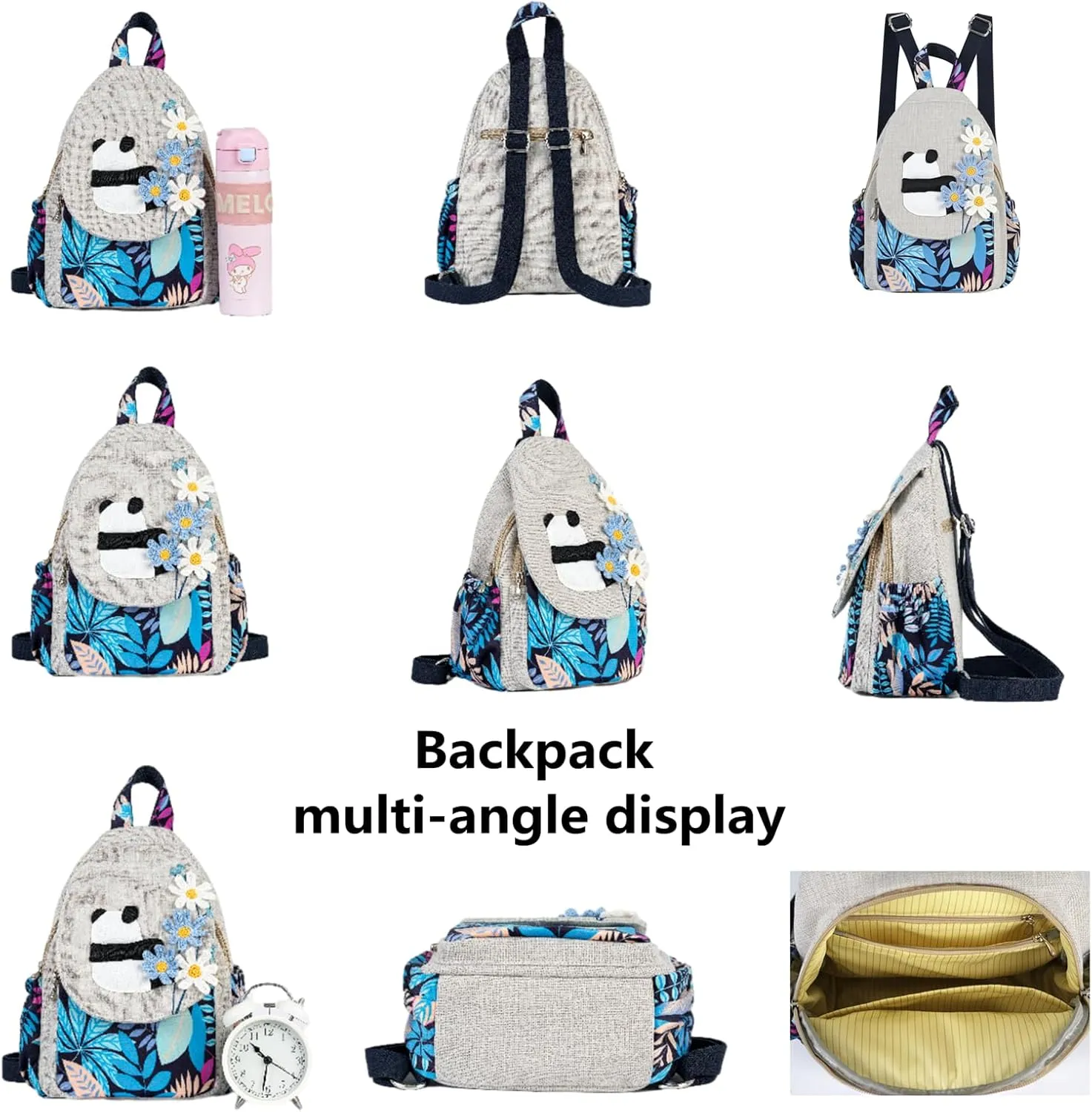 HUANGGUOSHU Women Cotton Woven Hippie Hemp Boho Canvas Embroidery Multi Pocket Retro Cute Backpack Wallet Backpack Kitty