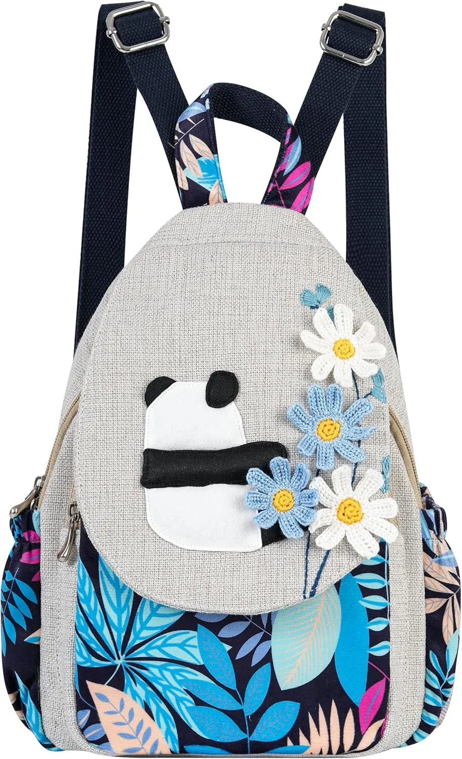 HUANGGUOSHU Women Cotton Woven Hippie Hemp Boho Canvas Embroidery Multi Pocket Retro Cute Backpack Wallet Backpack Kitty