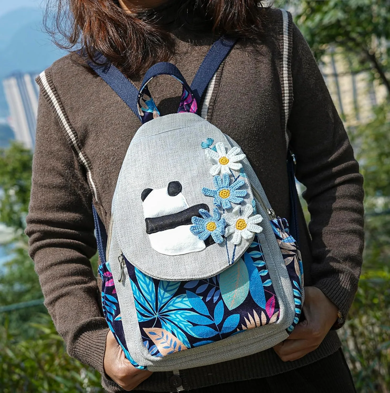 HUANGGUOSHU Women Cotton Woven Hippie Hemp Boho Canvas Embroidery Multi Pocket Retro Cute Backpack Wallet Backpack Kitty