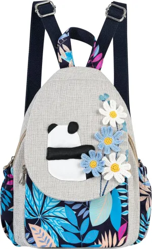 HUANGGUOSHU Women Cotton Woven Hippie Hemp Boho Canvas Embroidery Multi Pocket Retro Cute Backpack Wallet Backpack Kitty