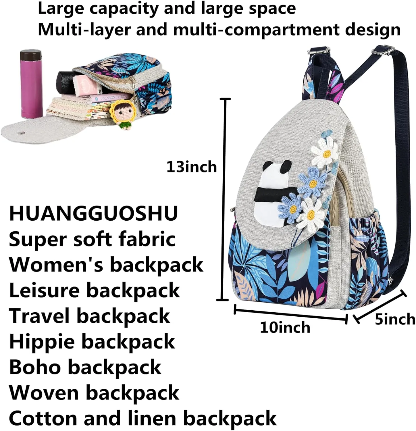 HUANGGUOSHU Women Cotton Woven Hippie Hemp Boho Canvas Embroidery Multi Pocket Retro Cute Backpack Wallet Backpack Kitty