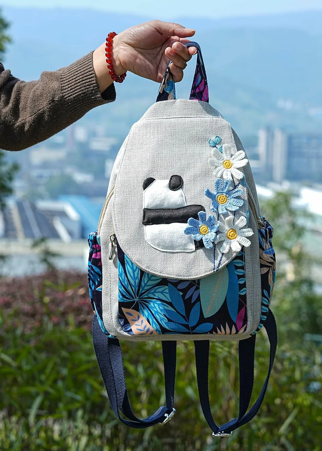 HUANGGUOSHU Women Cotton Woven Hippie Hemp Boho Canvas Embroidery Multi Pocket Retro Cute Backpack Wallet Backpack Kitty