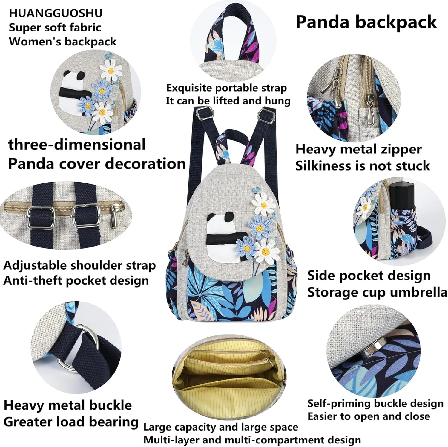 HUANGGUOSHU Women Cotton Woven Hippie Hemp Boho Canvas Embroidery Multi Pocket Retro Cute Backpack Wallet Backpack Kitty