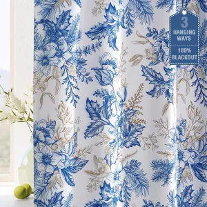 H.VERSAILTEX 100% Blackout Curtains for Bedroom Thermal Insulated Curtains for Living Room Back Tab/Rod Pocket Vintage Floral Curtains with Black Liner, 2 Panels, 52 x 84 Inches, Blue and Wheat