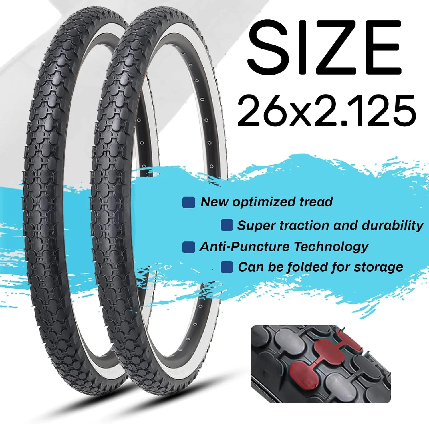 Hycline 2-Pack Cruiser Bike Tires Set: 24/26x2.125 inch Folding Replacement Puncture-Resistant Bicycle Tires and Pair 24/26-inch Inner Tubes with Tire Levers for Beach or Urban City Commuter Bike