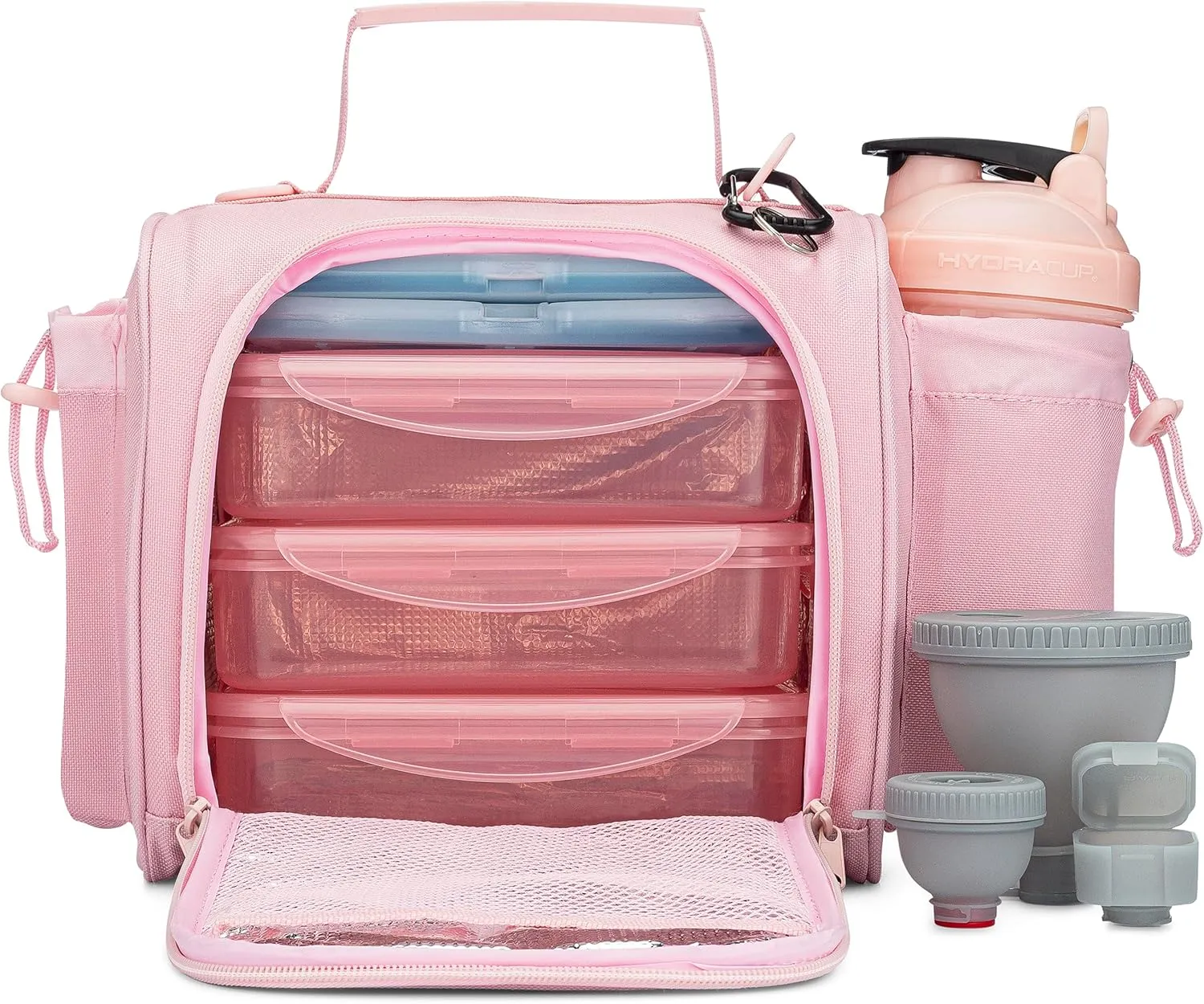 Hydra Cup Insulated Lunch Bag with Containers - Meal Prep Bag Included, Ice Packs, Shaker Bottle, Protein Funnels & Luggage Strap, Travel Meal Bag, Pink