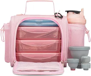 Hydra Cup Insulated Lunch Bag with Containers - Meal Prep Bag Included, Ice Packs, Shaker Bottle, Protein Funnels & Luggage Strap, Travel Meal Bag, Pink