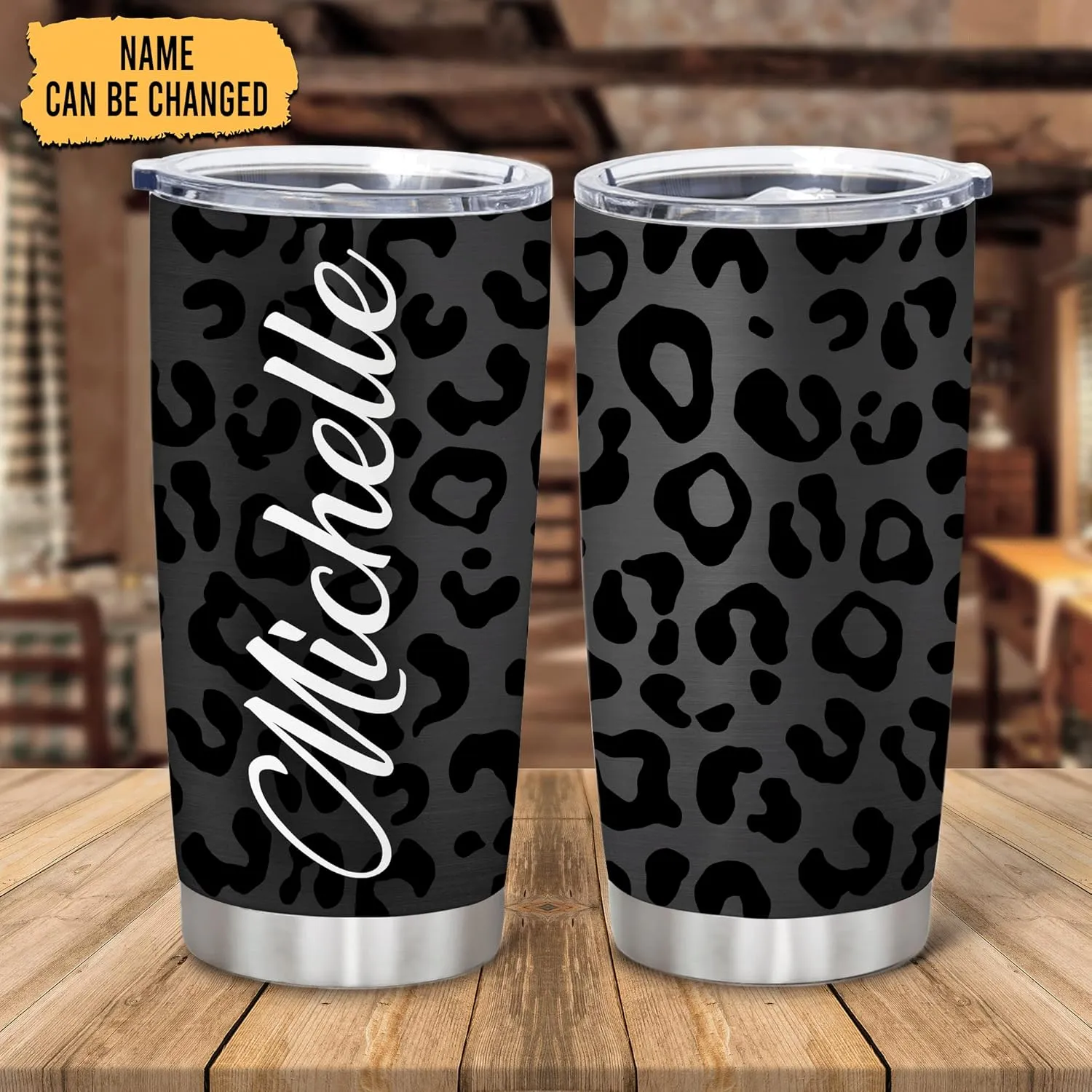 Hyturtle Personalized Gifts For Leopard Lover - Birthday Christmas - Black Leopard Print Custom Name Stainless Steel Tumbler 20oz With Straw Lid - Cheetah Lover Gifts For Her Women Girl Friend