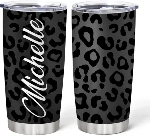 Hyturtle Personalized Gifts For Leopard Lover - Birthday Christmas - Black Leopard Print Custom Name Stainless Steel Tumbler 20oz With Straw Lid - Cheetah Lover Gifts For Her Women Girl Friend