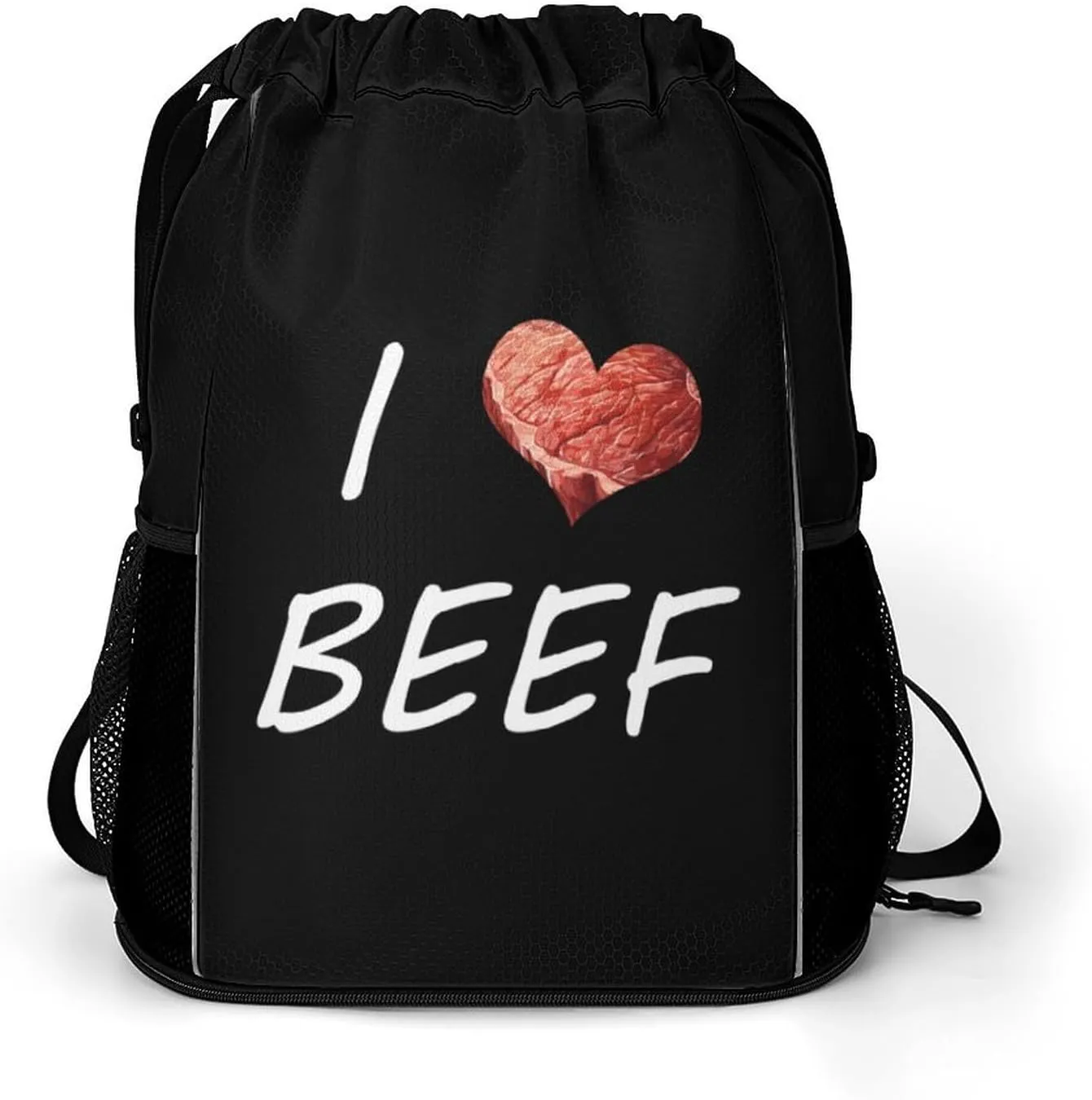 I Love Beef Fashion Drawstring Backpack Waterproof Swim Gym Bag for Women Men Hiking