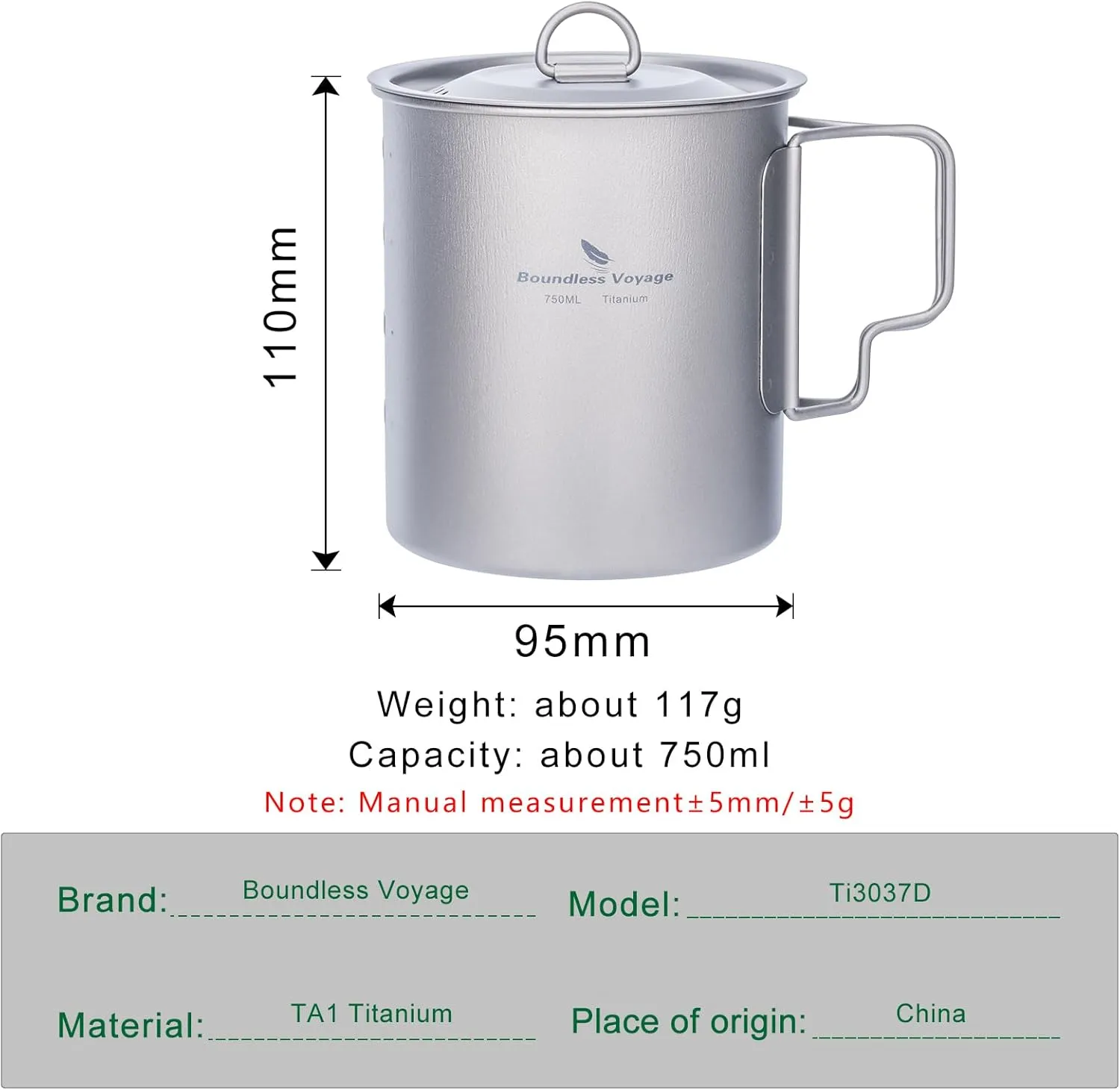 iBasingo 750ml Titanium Pot Camping Mug with Lid Tea Outdoor Ultra-light Coffee Water Cup Portable Hiking Backpacking Cooking Kit Picnic Cooking Kit with Foldable Handle Ti3037D