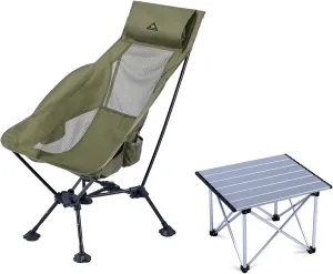 iClimb 1 Adjustable High Back Anti-Sinking Chair and 1 Folding Table Bundle, Ultralight Compact for Adults Outdoor Camping Backpacking Hiking Beach Concert