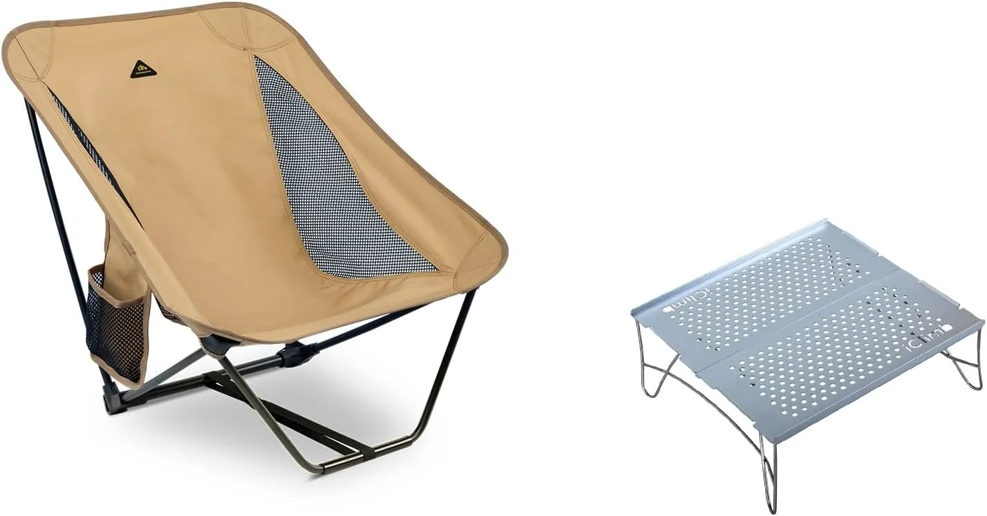 iClimb 1 Low Folding Chair and 1 Solo Mini Folding Table Bundle, Ultralight Compact for Adults Outdoor Backpacking Camping Hiking Beach Concert Motorcycling