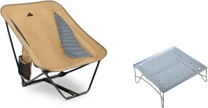 iClimb 1 Low Folding Chair and 1 Solo Mini Folding Table Bundle, Ultralight Compact for Adults Outdoor Backpacking Camping Hiking Beach Concert Motorcycling