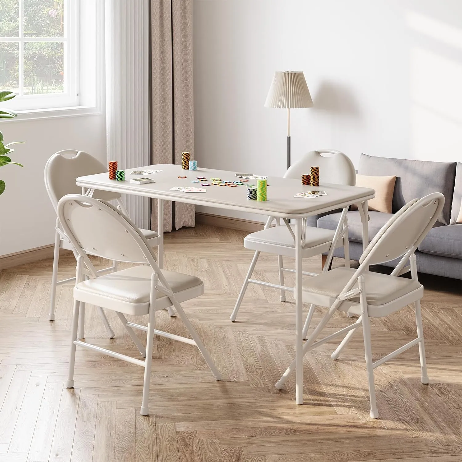 IDEALHOUSE Protable Folding Table and Chairs, 5 Piece Folding Card Table and Chairs Set, Foldable PU Upholstered Table and Chairs Set of 5, for Dining Room, Living Room, Office, Camping, Beige