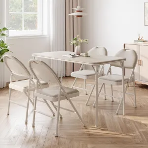 IDEALHOUSE Protable Folding Table and Chairs, 5 Piece Folding Card Table and Chairs Set, Foldable PU Upholstered Table and Chairs Set of 5, for Dining Room, Living Room, Office, Camping, Beige