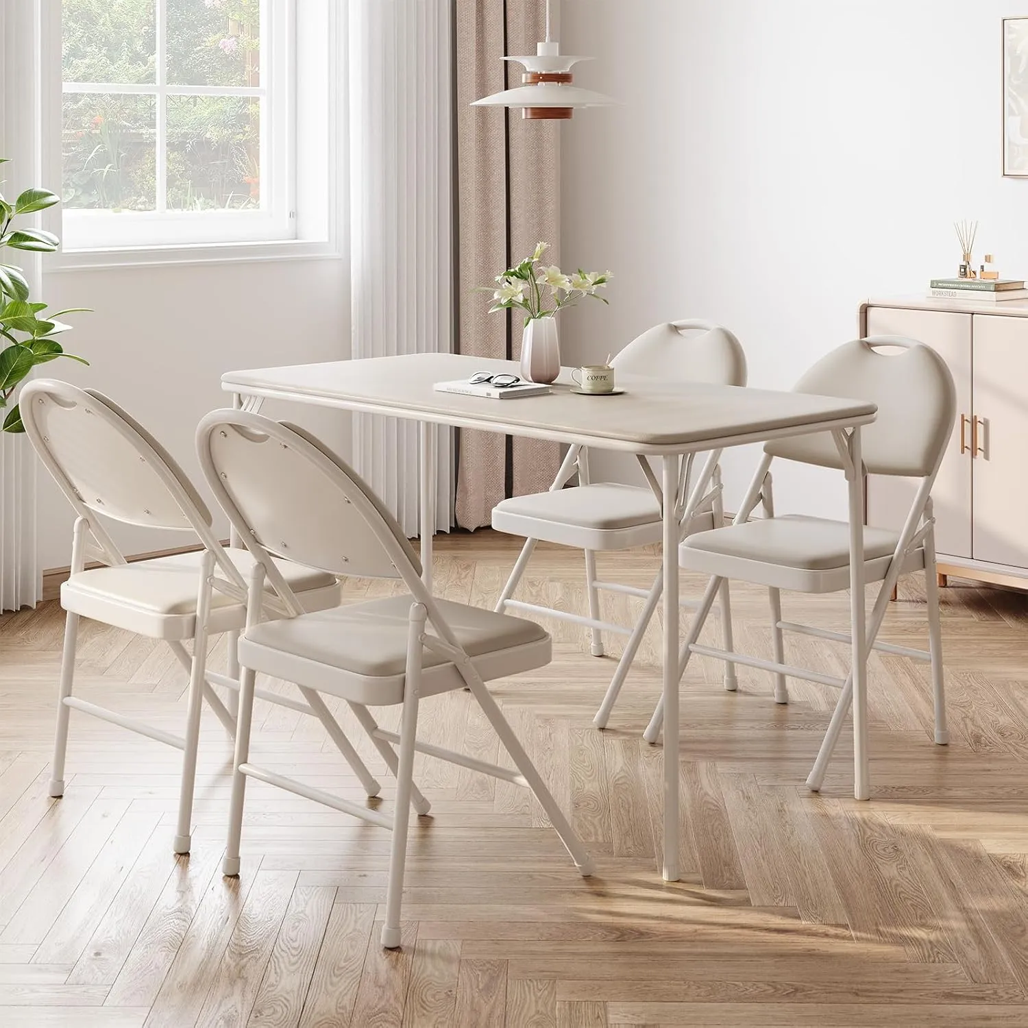 IDEALHOUSE Protable Folding Table and Chairs, 5 Piece Folding Card Table and Chairs Set, Foldable PU Upholstered Table and Chairs Set of 5, for Dining Room, Living Room, Office, Camping, Beige