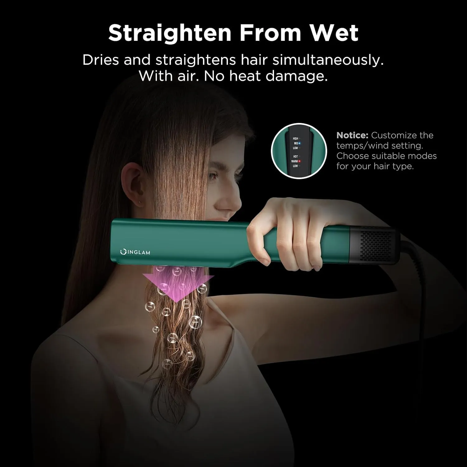 IG INGLAM Air Straightener, Style From Wet Hair, 2.2" Dryer Straightener, 200M Negative Ionic, One-Step Air Straight for Medium and Long Hair (14"-30"), Dark Green