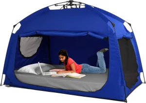 Indoor Instant Privacy Bed Tent for Sleeping,Quick Set-up Bed Canopies,Portable Bed Drapes with Large Space and 3 Doors (Blue, Full)