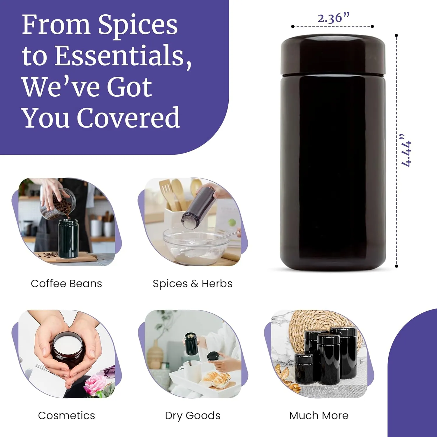 Infinity Jars Tall Screw Top Black Glass Jar 200 Ml (6.7 fl oz) Ultraviolet Airtight Smell Proof Refillable Container for Long Term Storage Coffee Tea Dried Goods Kitchen Pack 3