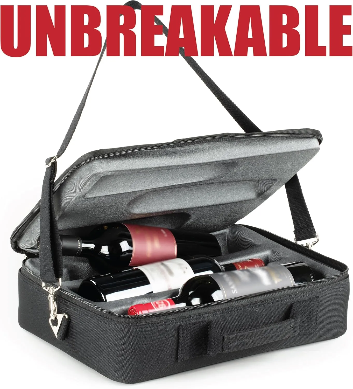 Insulated Bag For Carrying 2 Bottles of Wine, Spirits, Beer And Beverage For Travel. Bottles Are UNBREAKABLE If Dropped from Up To 6 Feet. Black Color.