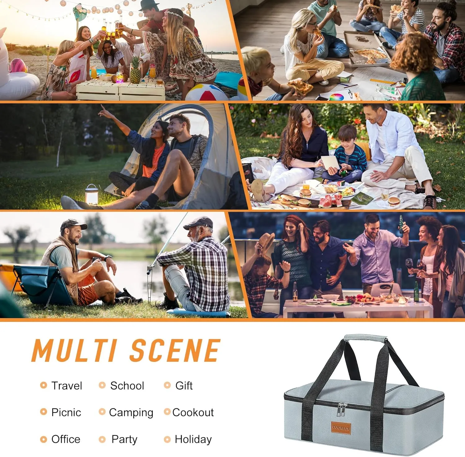 Insulated Casserole Carrier - Single Layer Design, Food Warmer Bag for Hot&Cold Food Travel, Fits 9x13 Casserole Dish, Leak-Proof, Durable Nylon, Zip Pockets, Grey