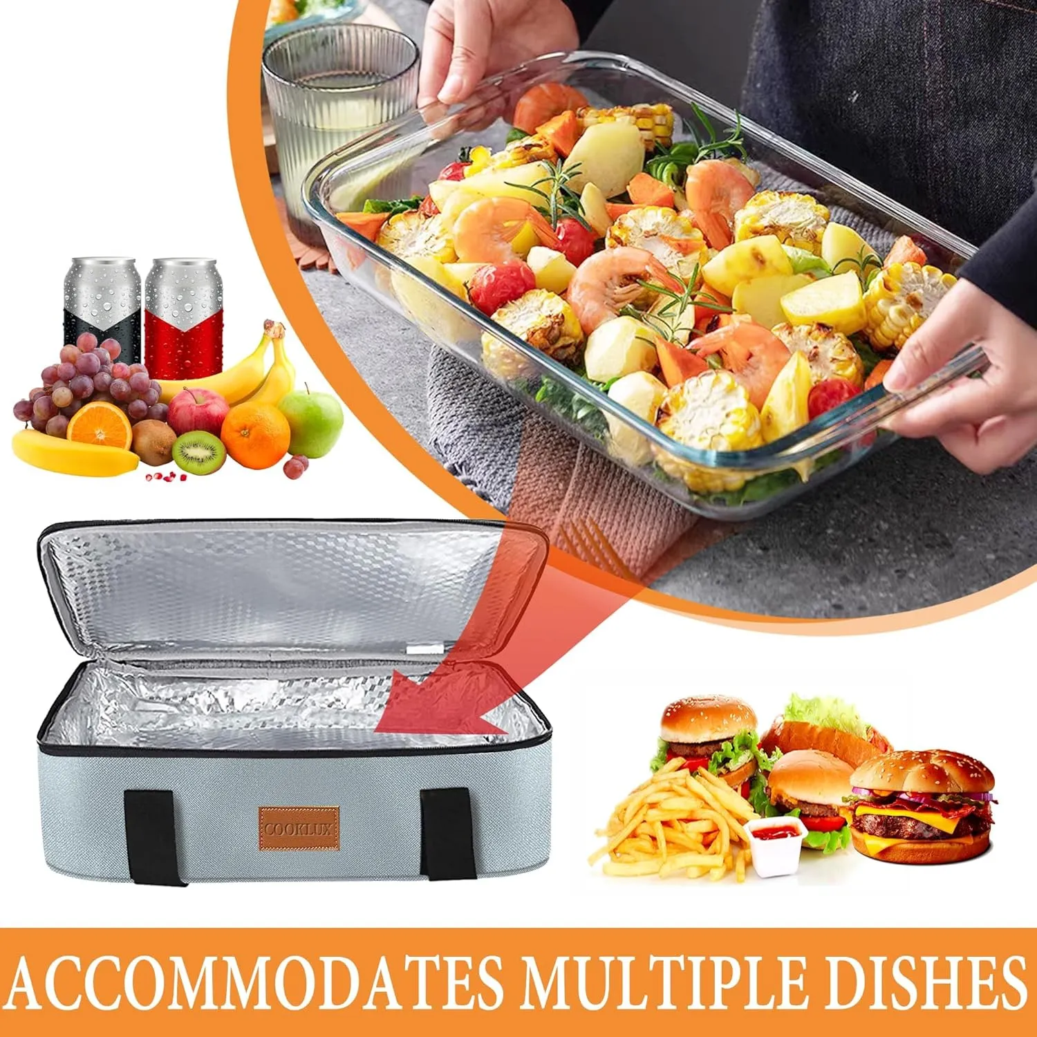Insulated Casserole Carrier - Single Layer Design, Food Warmer Bag for Hot&Cold Food Travel, Fits 9x13 Casserole Dish, Leak-Proof, Durable Nylon, Zip Pockets, Grey