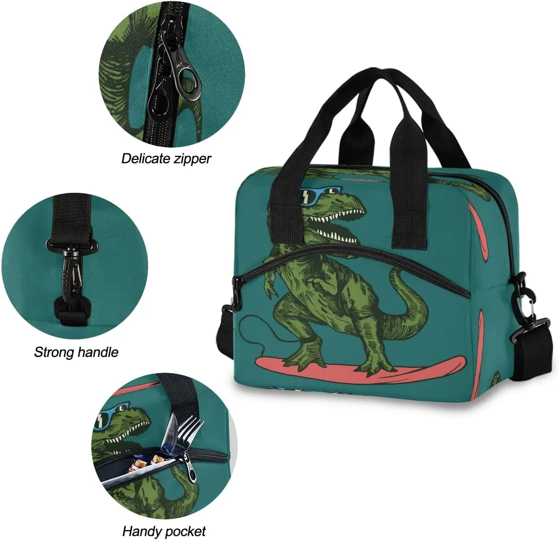 Insulated Cooler Lunch Bag Skateboard Dinosaur Lunch Box for Office Work Picnic Hiking Beach Organizer with Adjustable Shoulder Strap