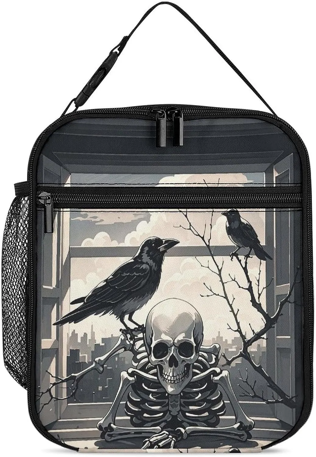 Insulated Lunch Bag for Women Men Portable Small Lunch Bags A Raven on The Windowsill Reusable Lunch Box with Side Mesh Leakproof Cooler Bags for Work Travel Picnics