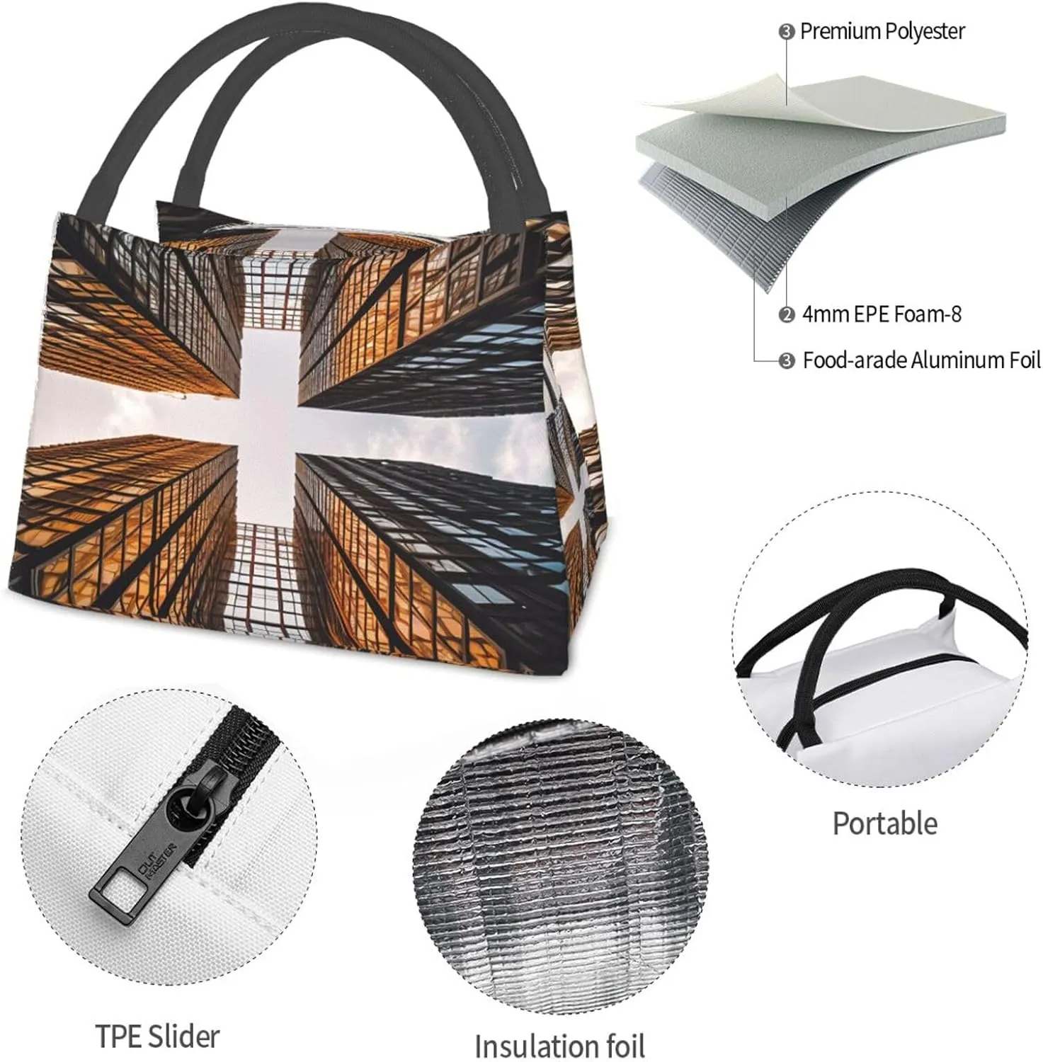 Insulated Lunch Bag Lunch box for Women Men Reusable Cooler Bag Skyscraper Looking Up at Sky Lunch Bag Portable Lunch Tote Bag Leakproof Lunchbox for Work Travel Picnic Office