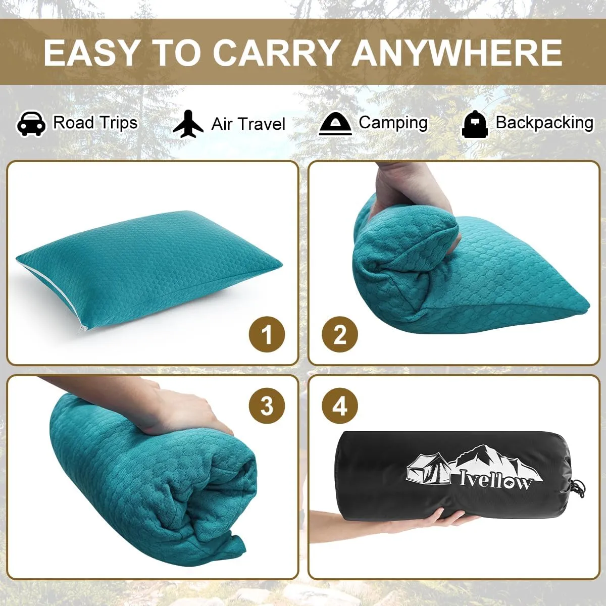 Ivellow Memory Foam Travel Pillow Compressible Camping Pillow for Sleeping Shredded Memory Foam Pillow Compact Firm Supportive Small Pillow for Adults Kids Outdoor Backpacking Hiking Essential Gear-S
