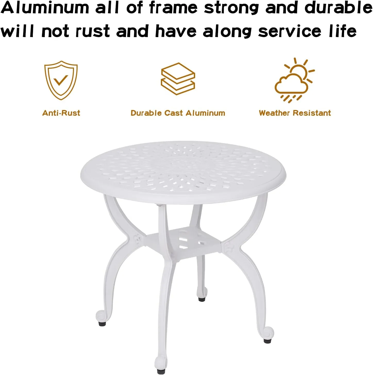 JARDIN DE CENTENNIAL Cast Aluminum Outdoor Side Table,Anti-Rust Outdoor End Table,Patio Coffee Bistro Table for Indoor,Garden,Porch,Balcony(Round White)