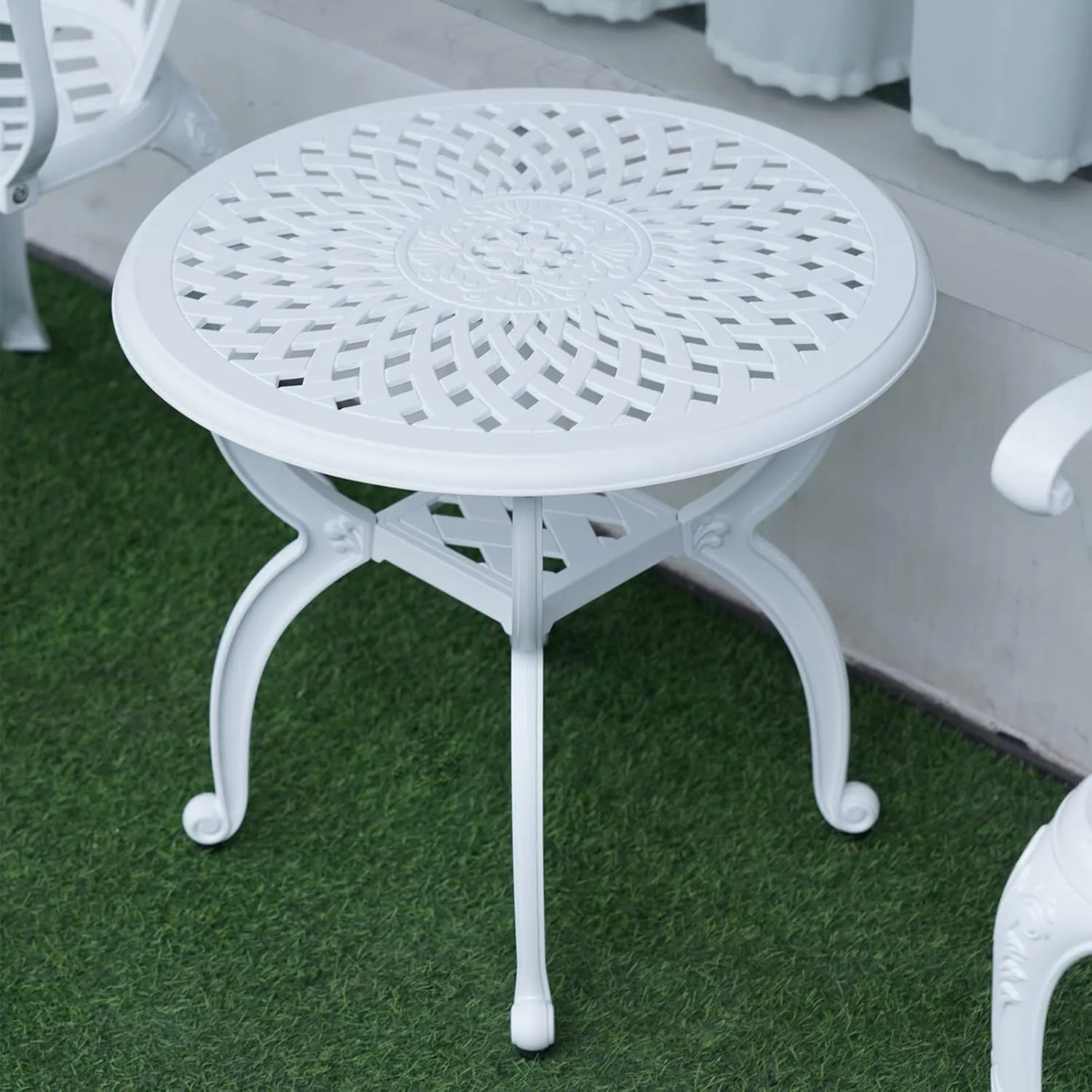 JARDIN DE CENTENNIAL Cast Aluminum Outdoor Side Table,Anti-Rust Outdoor End Table,Patio Coffee Bistro Table for Indoor,Garden,Porch,Balcony(Round White)