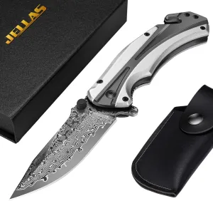 Jellas Damascus Folding Pocket Knife for Men, Camping Hunting Knife With Liner Lock for Outdoor Survival, Christmas Gifts for Men Women Dad Husband Boyfriend, Handmade VG10 Damascus Steel Hiking With Sheath