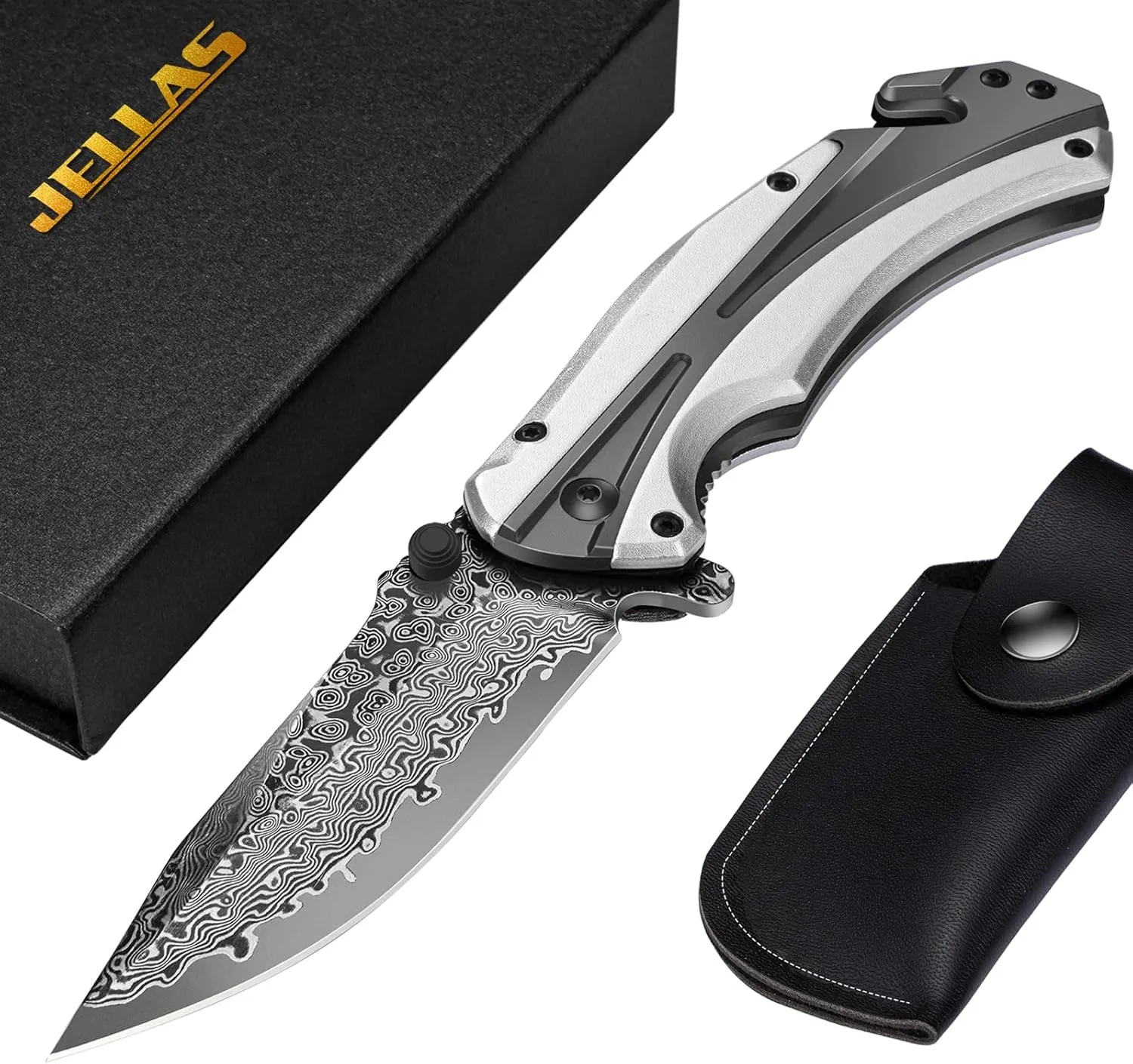 Jellas Damascus Folding Pocket Knife for Men, Camping Hunting Knife With Liner Lock for Outdoor Survival, Christmas Gifts for Men Women Dad Husband Boyfriend, Handmade VG10 Damascus Steel Hiking With Sheath
