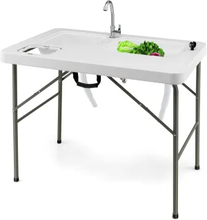 Julimoon Folding Fish Cleaning Table, Portable Camping Table w/ 2 Sinks, 360° Rotatable Faucet, Heavy Duty Camping Sink Station w/Hose Hook Up, Outdoor Fillet Picnic Table for Camping, Beach, White