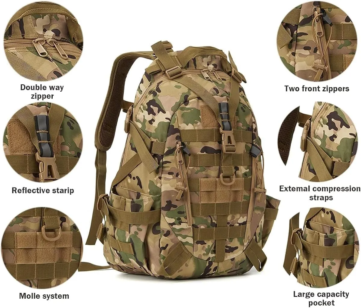Jungle Leopard 40L Tactical Backpack Men Camping Hiking Bag Reflective Travel Survival MOLLE Climbing Rucksack(T)