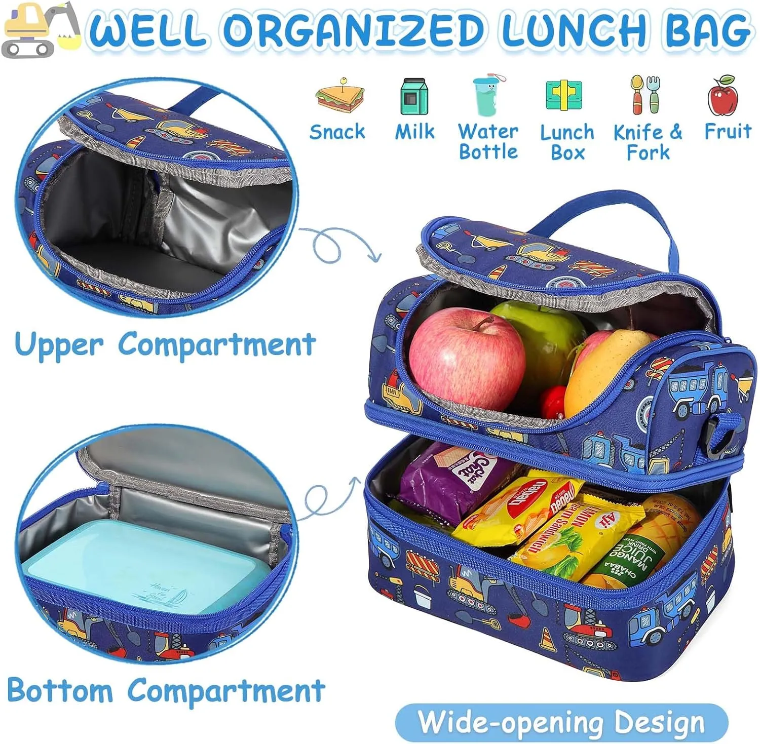 Kasqo Lunch Box Bag for Boys, Insulated Reusable Dual Decker Compartments Cooler Bag for Kids/School/Picnic/Travel Construction Vehicles