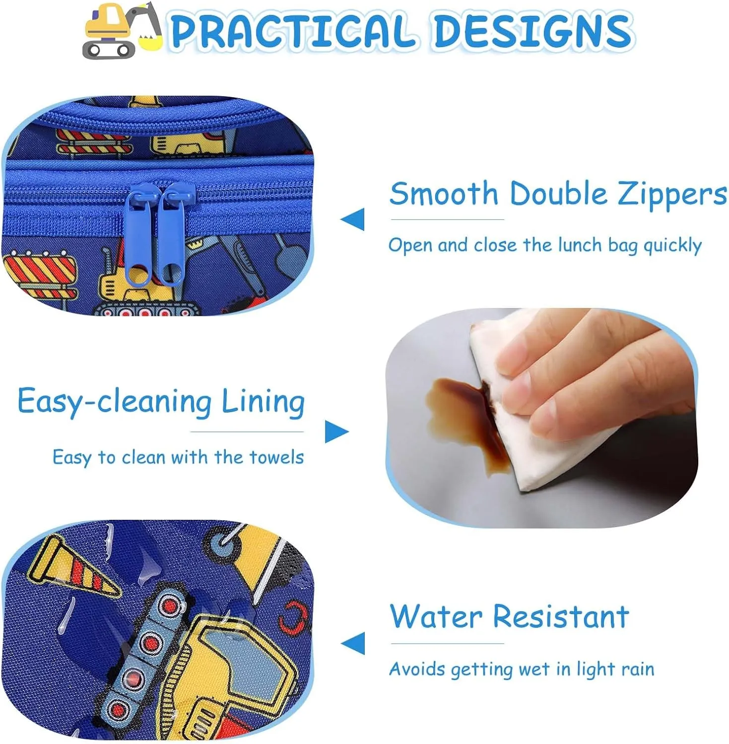 Kasqo Lunch Box Bag for Boys, Insulated Reusable Dual Decker Compartments Cooler Bag for Kids/School/Picnic/Travel Construction Vehicles