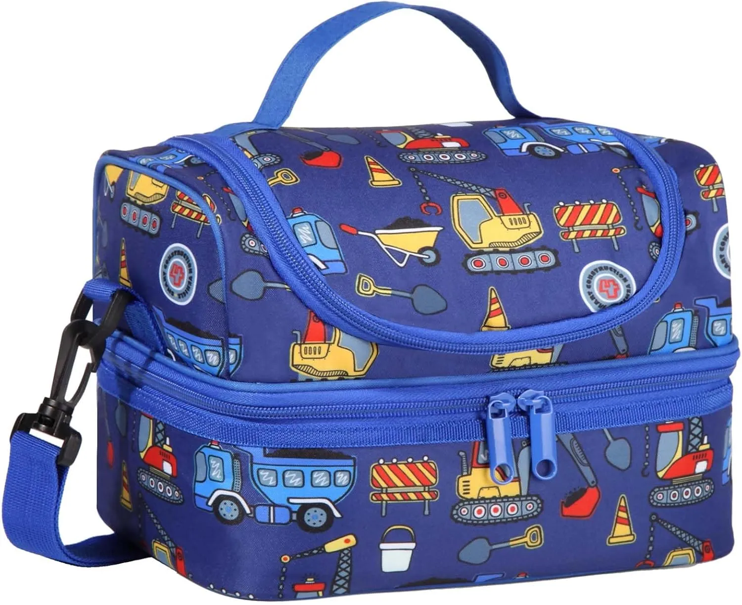 Kasqo Lunch Box Bag for Boys, Insulated Reusable Dual Decker Compartments Cooler Bag for Kids/School/Picnic/Travel Construction Vehicles